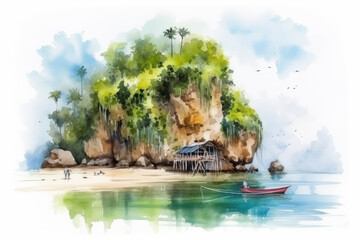 Watercolor drawing of Koh hong beach in Thailand. Generative AI.
