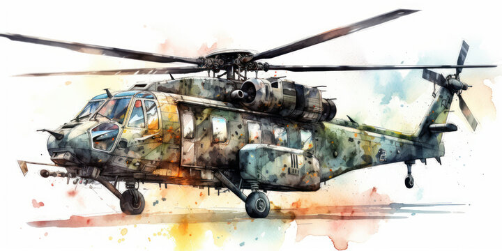 Watercolor drawing of combat helicopters. Generative AI.