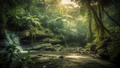 The beauty of Bali tropical climate palm trees, ferns, and sunlight generated by AI - obrazy, fototapety, plakaty