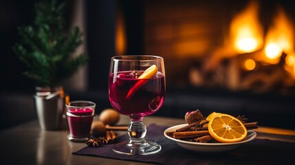Naklejka premium Warm gintwein in a cozy interior. Generation AI