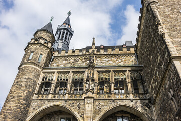 Architectural details of Aachen Town Hall seen from the cathedral. Aachen historical town hall...