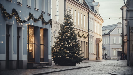 Modern city with Christmas Tree and decorations. Minimalism inspiration, empty by space