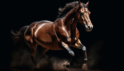 Obraz na płótnie Canvas Majestic thoroughbred stallion runs free in dark rural meadow generated by AI