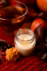 Cup of tea, candle, autumn fruits on the table. Autumn Evening Mood