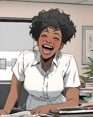 a black woman laughs in an office