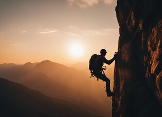 silhouette of a climber climbing a cliffy rocky mountain against the sun at sunset

 - obrazy, fototapety, plakaty