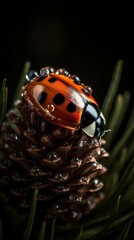 A close-up of a red ladybug on a cone of green spruce with a defocused background.
