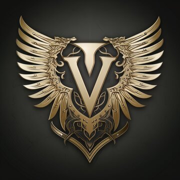Golden letter V logo with white wings on dark grey background isolated. AI