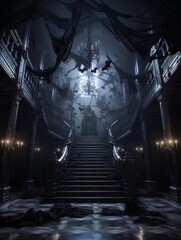 Gothic creepy room with bats in haunted castle. AI