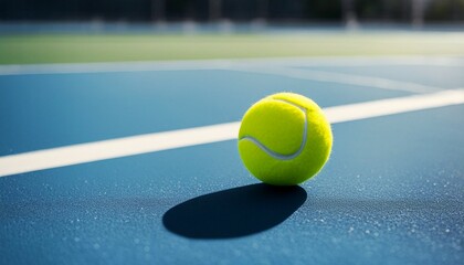 Tennis ball rests on blue tennis court - obrazy, fototapety, plakaty