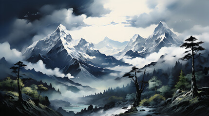 watercolor mountains covered with fog on white background.