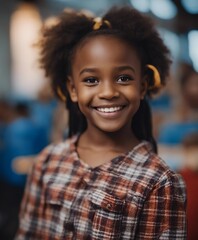 portrait of a black girl with a sincere American smile in kindergarten


