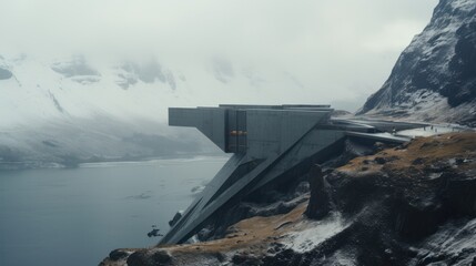 Architecture, scyscraper between mountains, winter, 27mm camera, cinematic render, overcast, archdaily, rule of thirds, dramatic