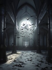Gothic creepy room with bats in haunted castle. AI