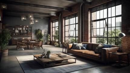 Living room interior in loft, industrial style, 3d render. Decor concept. Real estate concept. Art concept.