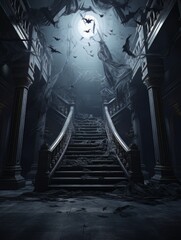 Gothic creepy room with bats in haunted castle. AI