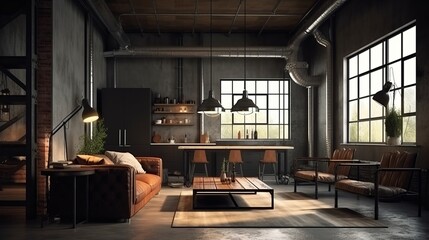 Living room interior in loft, industrial style, 3d render. Decor concept. Real estate concept. Art concept. - obrazy, fototapety, plakaty