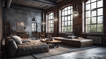 Living room interior in loft, industrial style, 3d render. Decor concept. Real estate concept. Art concept.