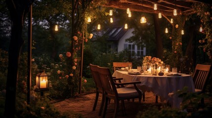 Fototapeta na wymiar A cozy romantic garden with roses and garlands and lanterns. Generation AI