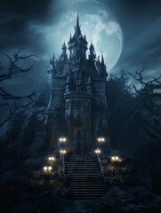 Fairytale haunted house on hill on night with full moon. AI - obrazy, fototapety, plakaty