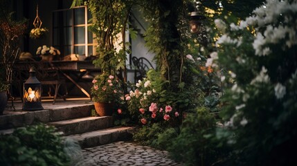 Fototapeta na wymiar A cozy romantic garden with roses and garlands and lanterns. Generation AI