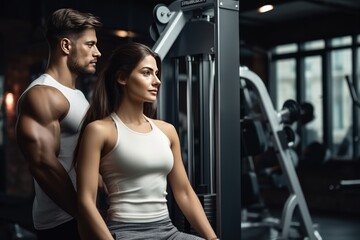 Fototapeta na wymiar A man and a woman play sports in the gym with a personal trainer