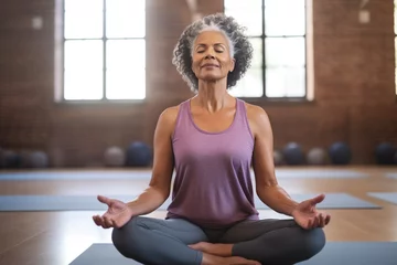 Foto op Canvas Smiling Mature black woman meditating sitting in a yoga studio © Adriana