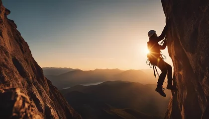 Poster de jardin Chocolat brun silhouette of a climber climbing a cliffy rocky mountain against the sun at sunset  