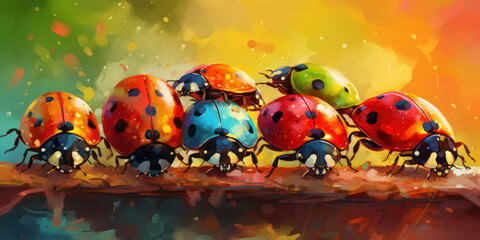 Watercolor drawing of a group of ladybugs - Coccinellidae. Generative AI.