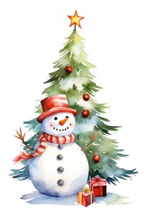 Fototapeta na wymiar snowman with christmas tree ornament watercolor vector illustration