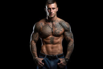 Fototapeta na wymiar Handsome young man with tattooed torso and muscular body posing over black background