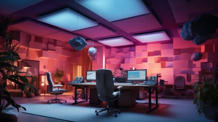 Production studio with multicolored acoustic panels with organic shapes hanging from the ceiling, ultrarealistic, photorealistic, volumetric lighting