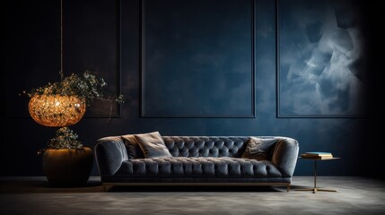 A comfortable sofa on ciment floor against a background of a dark classic wall, high-definition photography