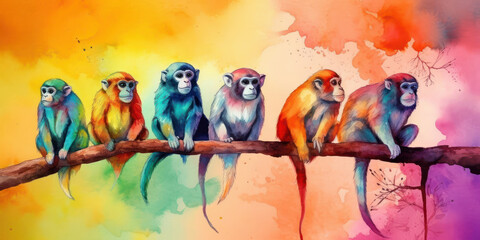 I draw in watercolor a group of monkeys on a branch. Generative AI.