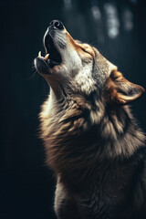 A wolf howling at the moon, focus on the posture and expression. Vertical photo