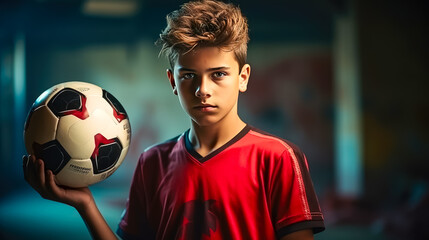 Portrait of a young boy holding a soccer ball in his hands