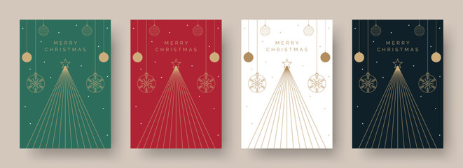 Christmas Card Vector Design Template. Set of Christmas Card Designs with Geometric Festive Scene Illustration of Christmas Tree and Bauble Decorations. Merry Christmas Greeting Card Concepts - obrazy, fototapety, plakaty
