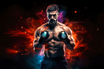 Fototapeta na wymiar Boxer with boxing gloves on a dark background with colored smoke.