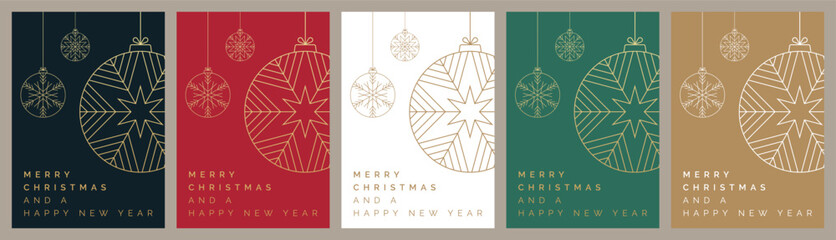 Set of Christmas Card Designs. Christmas Card Templates with Festive Bauble Decoration Illustration. Modern Trendy Christmas Cards with 'Merry Christmas and a Happy New Year' Text. Vector Template - 671232932
