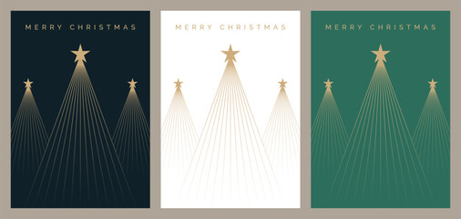 Christmas Card Design Set. Festive Greeting Card Templates with Simple Geometric Christmas Tree Illustration. Merry Christmas Cards. - 671232946