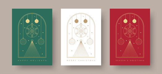 Set of Christmas Card Designs with Geometric Christmas Scene Illustration. Modern Christmas Cards with Tree and Baubles Decoration in Frame. Merry Christmas, Season's Greetings, Happy Holidays Text.  - 671232967