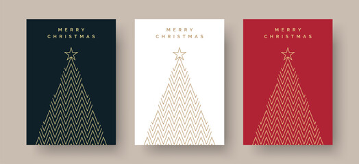 Set of Christmas Card Designs with Simple Geometric Christmas Tree Illustration. Modern Luxury Christmas Cards with Merry Christmas Text. Vector Design template. - 671232974