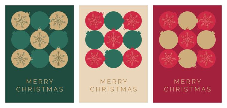 Christmas Card Design Template with Baubles Decoration Illustration. Set of Creative Christmas Cards with Modern Snowflake Bauble Pattern and 'Merry Christmas' Text. Vector Design Template