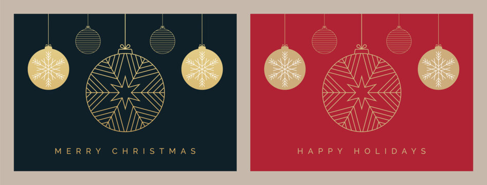 Christmas Card Design with Elegant Baubles Decoration Illustration. Set of Christmas Card Design Templates with Trendy and Decorative Christmas Bauble Decorations. Merry Christmas and Happy Holidays.