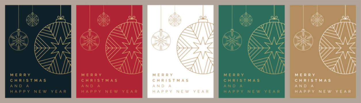 Set of Christmas Card Designs. Christmas Card Templates with Festive Bauble Decoration Illustration. Modern Trendy Christmas Cards with 'Merry Christmas and a Happy New Year' Text. Vector Template