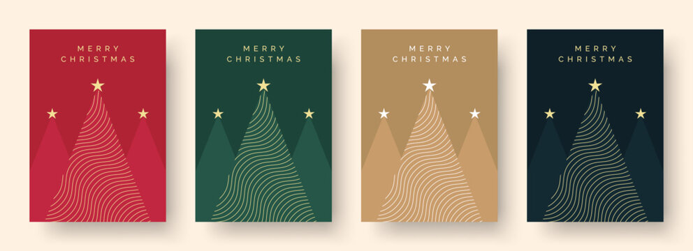 Christmas Card Vector Design Template. Set of Christmas Card Designs with Geometric Christmas Tree Illustration. Merry Christmas Greeting Card Concepts