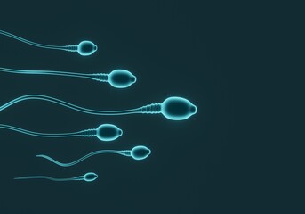 Close-up 3D render illustration depicting the movement of sperm against a dark background, serving as a scientific backdrop. - obrazy, fototapety, plakaty