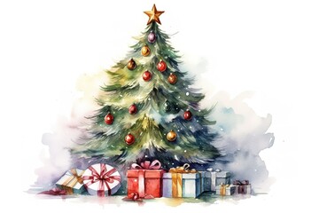 Watercolor Christmas Tree isolated on white background with Gifts