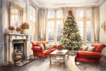 Watercolor Cozy Christmas sitting room clipart for graphic resources