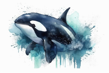 Obraz premium Watercolor drawing of an orca jumping out of the water. Generative AI.